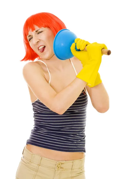 Woman with disgusted cleaning tool — Stock Photo, Image