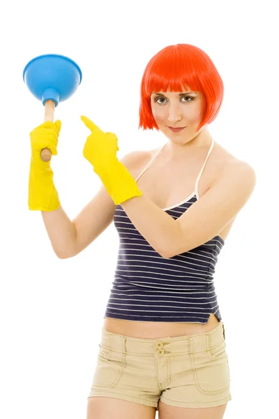 Woman pointing at plunger — Stock Photo, Image