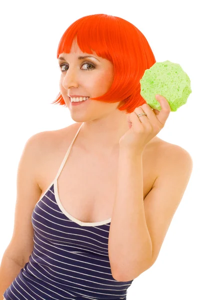 Vrouw met rood haar en spons — Stockfoto