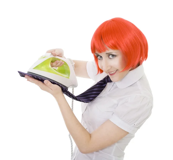 Happy woman ironing tie — Stock Photo, Image