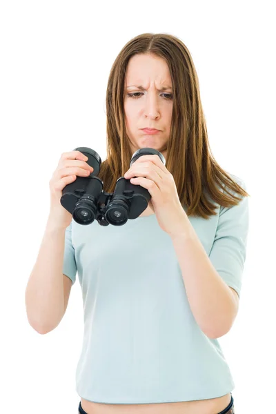 Woman examine how binocular work — Stock Photo, Image