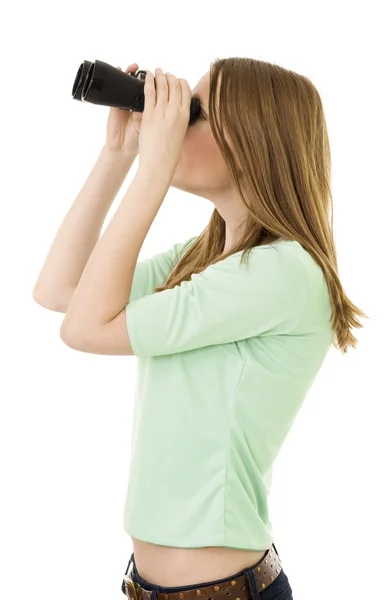 Woman looking into binocular — Stock Photo, Image