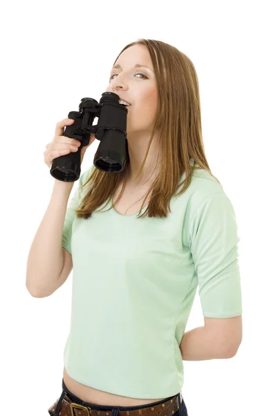 Positive woman with binocular — Stock Photo, Image