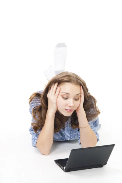 Sad woman with laptop — Stock Photo, Image