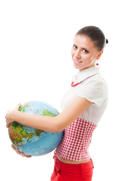 Happy woman with a globe — Stock Photo, Image