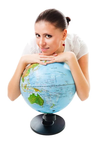 Positive caml woman with a globe — Stock Photo, Image