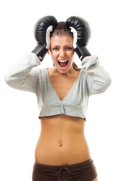 Mad woman in boxing gloves — Stock Photo, Image