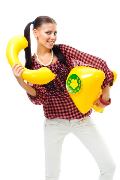 Happy woman call by funny phone — Stock Photo, Image