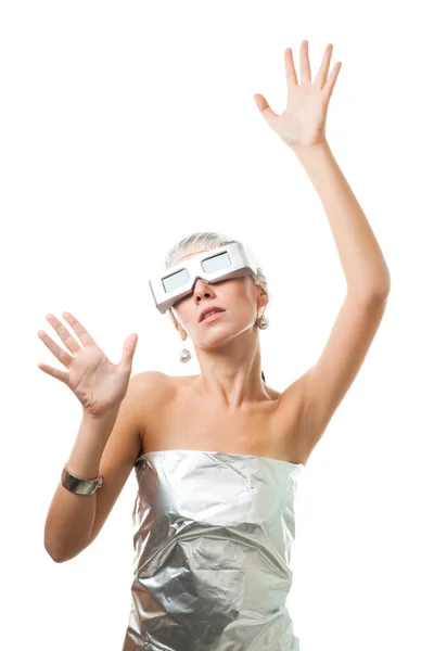 Futuristic woman in virtural reality glasses — Stock Photo, Image