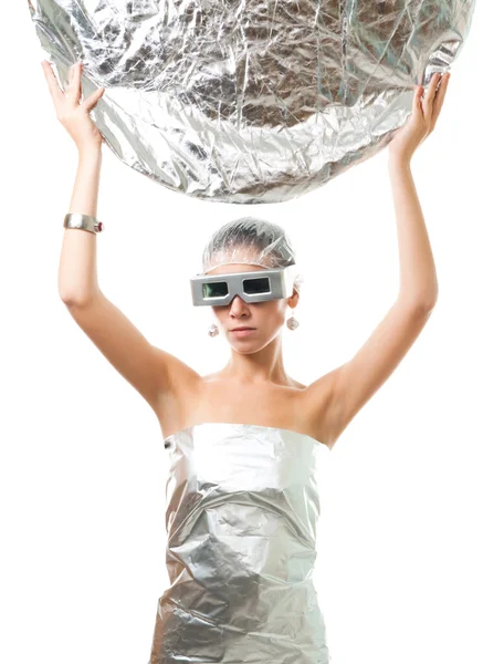 Future robot woman with silver disk — Stock Photo, Image