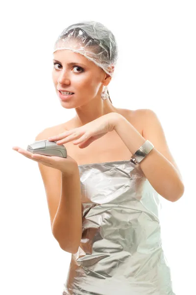 Futuristic cyber woman with computer mouse — Stock Photo, Image