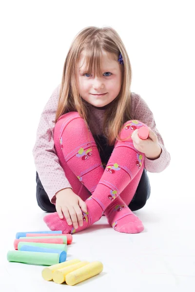 LIttle girl with color chalks — Stock Photo, Image