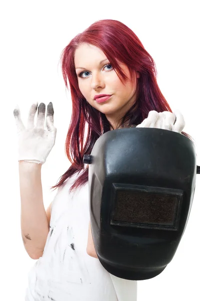 Woman in dirty gloves hold welder — Stock Photo, Image