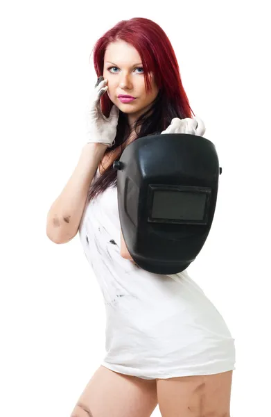 Woman stand and hold welding mask — Stock Photo, Image