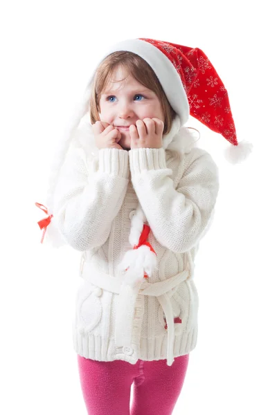 Little girl in santa cap wait for christmas — Stock Photo, Image