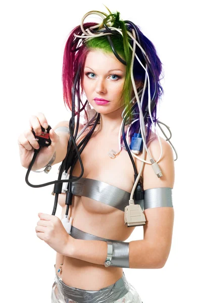 Sexy futurista mujer hold enchufe eléctrico —  Fotos de Stock