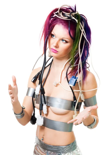 Mujer futurista enredada en cables —  Fotos de Stock