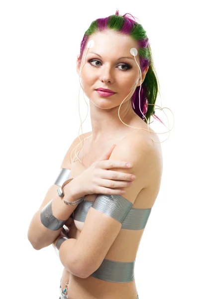 Vrouw met sensoren op haar gezicht — Stockfoto