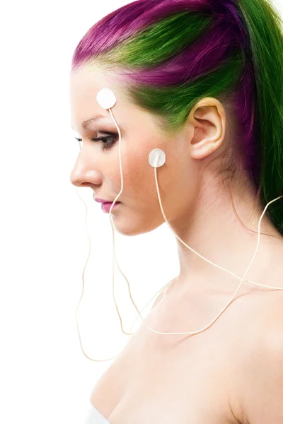 Portret van een vrouw met hersenen sensoren op haar gezicht, isolatedportrait van een w — Stockfoto