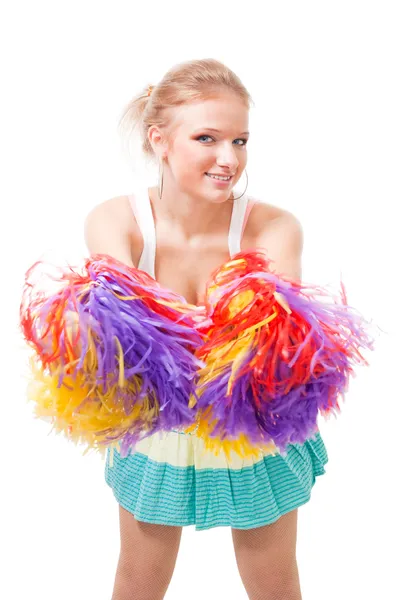 Woman cheer leader shaking pompoms — Stock Photo, Image