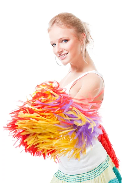 Woman cheer leader smile and shake pompoms — Stock Photo, Image