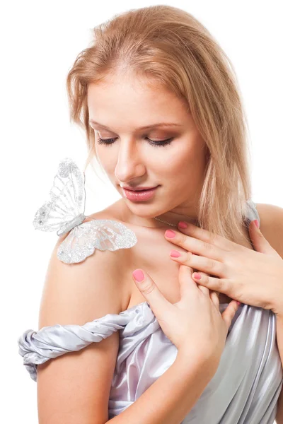 Mulher romântica com borboleta — Fotografia de Stock