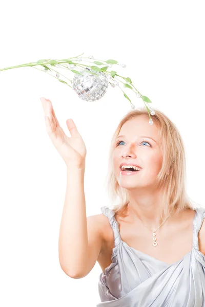 Woman want to tear apple from tree — Stock Photo, Image