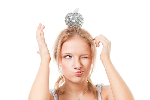 Woman with apple on her head — Stock Photo, Image
