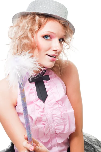 Розовая блондинка-фея с волшебной палочкой — стоковое фото