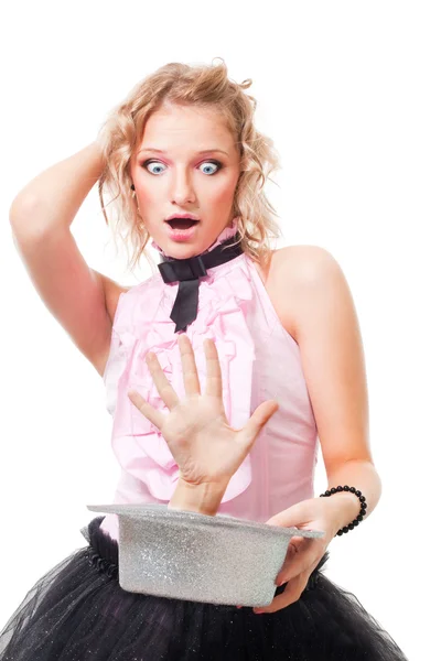 Woman illusionist perform scary trick — Stock Photo, Image