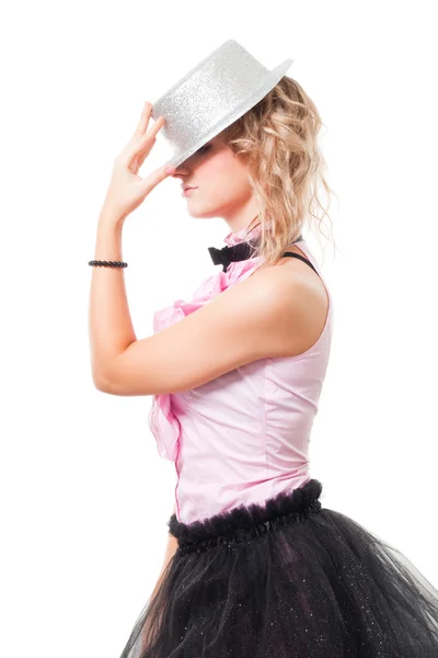 Woman illusionist with magician hat — Stock Photo, Image