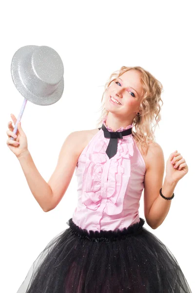Blond magitian woman play with hat and magic wand — Stock Photo, Image