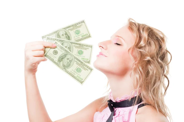 Όμορφη ξανθιά γυναίκα μυρωδιά χρήματα — Φωτογραφία Αρχείου