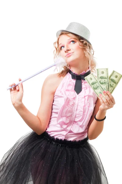 Mulher loira ilusionista com dólares — Fotografia de Stock