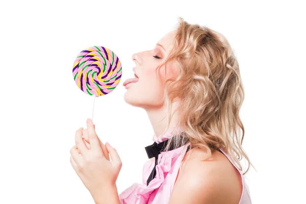 Blond girl lick lollipop — Stock Photo, Image