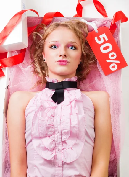 Doll with sale — Stock Photo, Image
