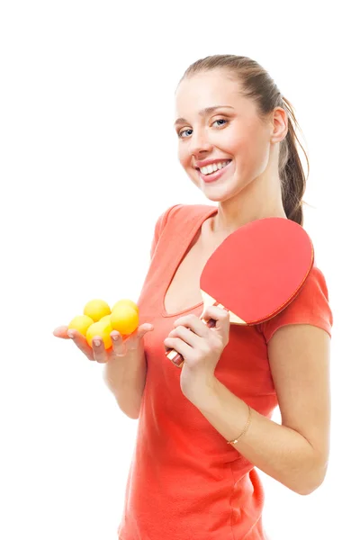 Щаслива жінка гравець у пінг-понг — стокове фото