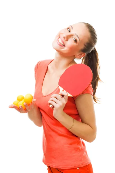 Щаслива жінка - гравець у пінг-понг — стокове фото