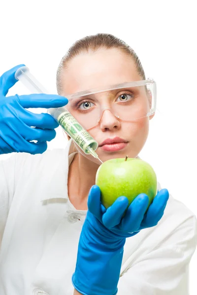 Yeşil elma içine dolar enjeksiyon — Stok fotoğraf