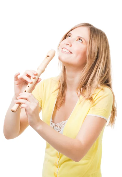 Sorriso bionda ragazza giocare corno — Foto Stock