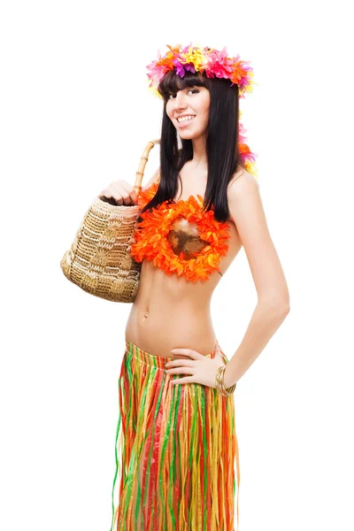 Vrouw in kostuum gemaakt van bloemen houden mand — Stockfoto