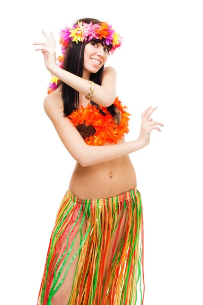 Chica en bikini danza con flores corona —  Fotos de Stock
