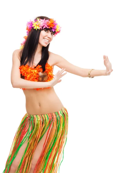 Mulher dançando em traje feito de flores — Fotografia de Stock