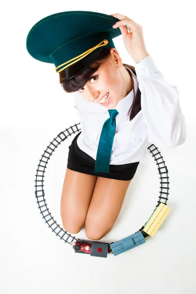 Μεγάλο κορίτσι σιδηρόδρομος παιχνίδι — Φωτογραφία Αρχείου