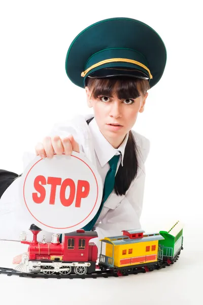 Railroad worker with stop sign — Stock Photo, Image