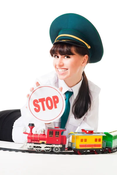 O despachante positivo da ferrovia diz para parar — Fotografia de Stock