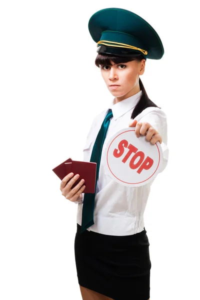 Immigration worker with stop sign — Stock Photo, Image