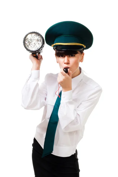 Security woman with light blow whistle — Stock Photo, Image