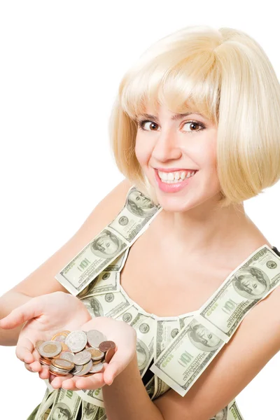 Mulher loira feliz com oco de moedas — Fotografia de Stock