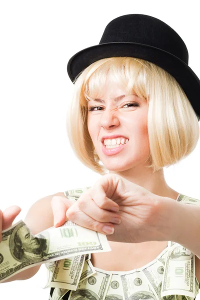Mulher irritada rasgar dólar distante — Fotografia de Stock